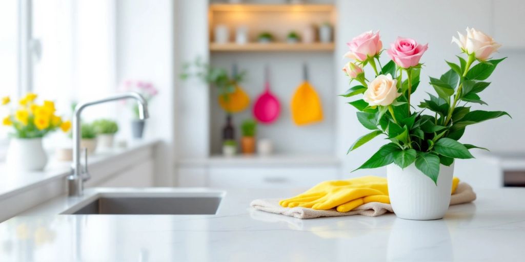 Saubere Wohnung mit frischen Blumen und glänzenden Oberflächen.